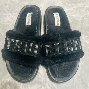 True Religion Jasmin Bling Rhinestone Black Silver Slides Sandals Women’s Size 7
